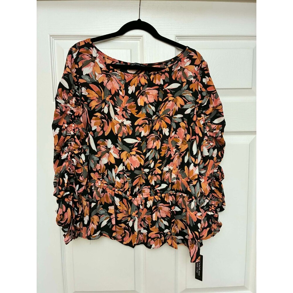Zach & Rachel Blouse‎ Womens 1X Black Floral Peplum Ruched Sleeve Career